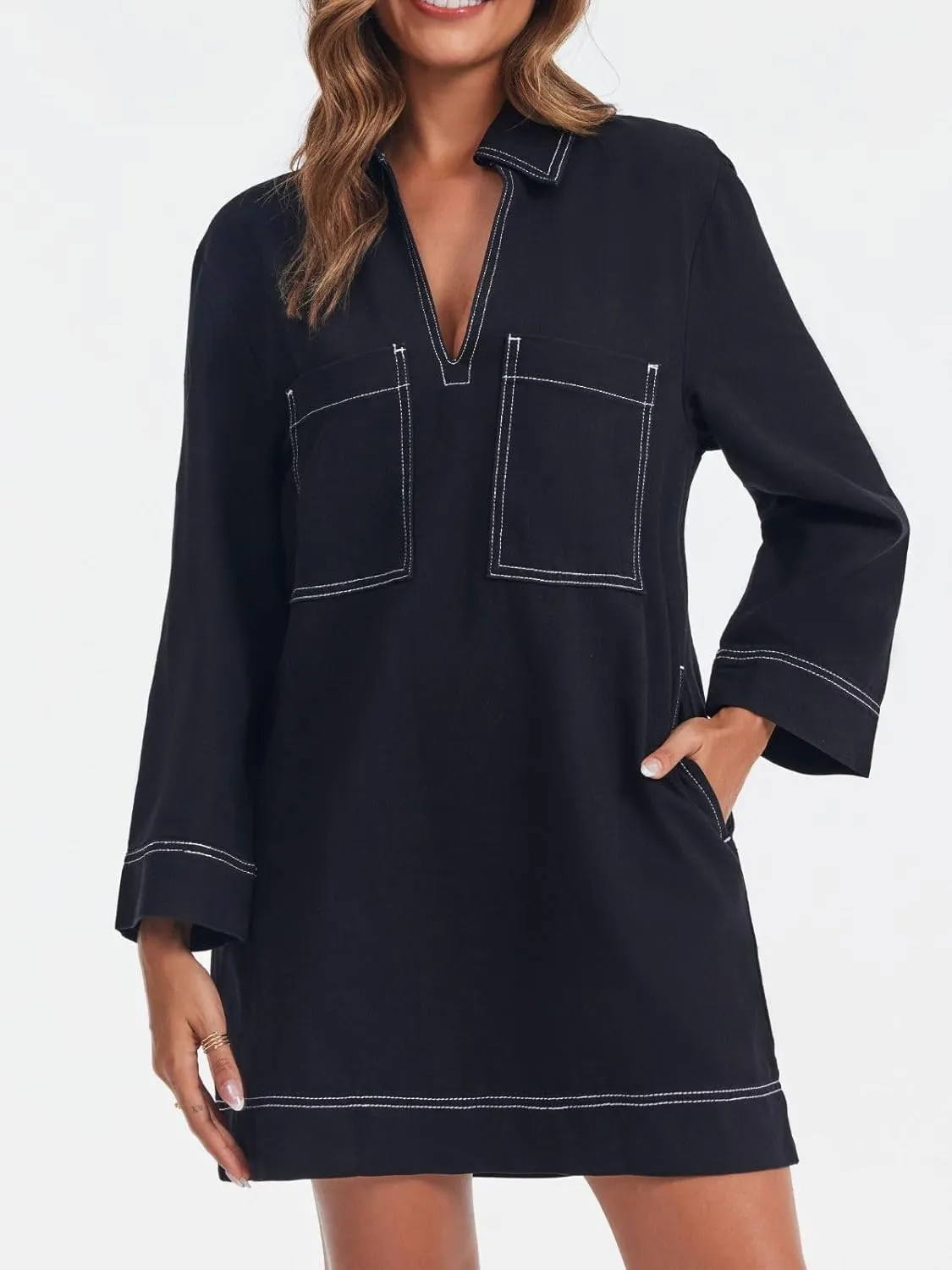 Wenrine Womens Denim Shirt Dress Long Sleeve V Neck Loose Casual Jean Mini Dress with Pockets