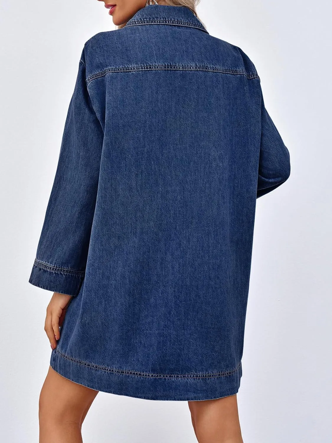 Wenrine Womens Denim Shirt Dress Long Sleeve V Neck Loose Casual Jean Mini Dress with Pockets