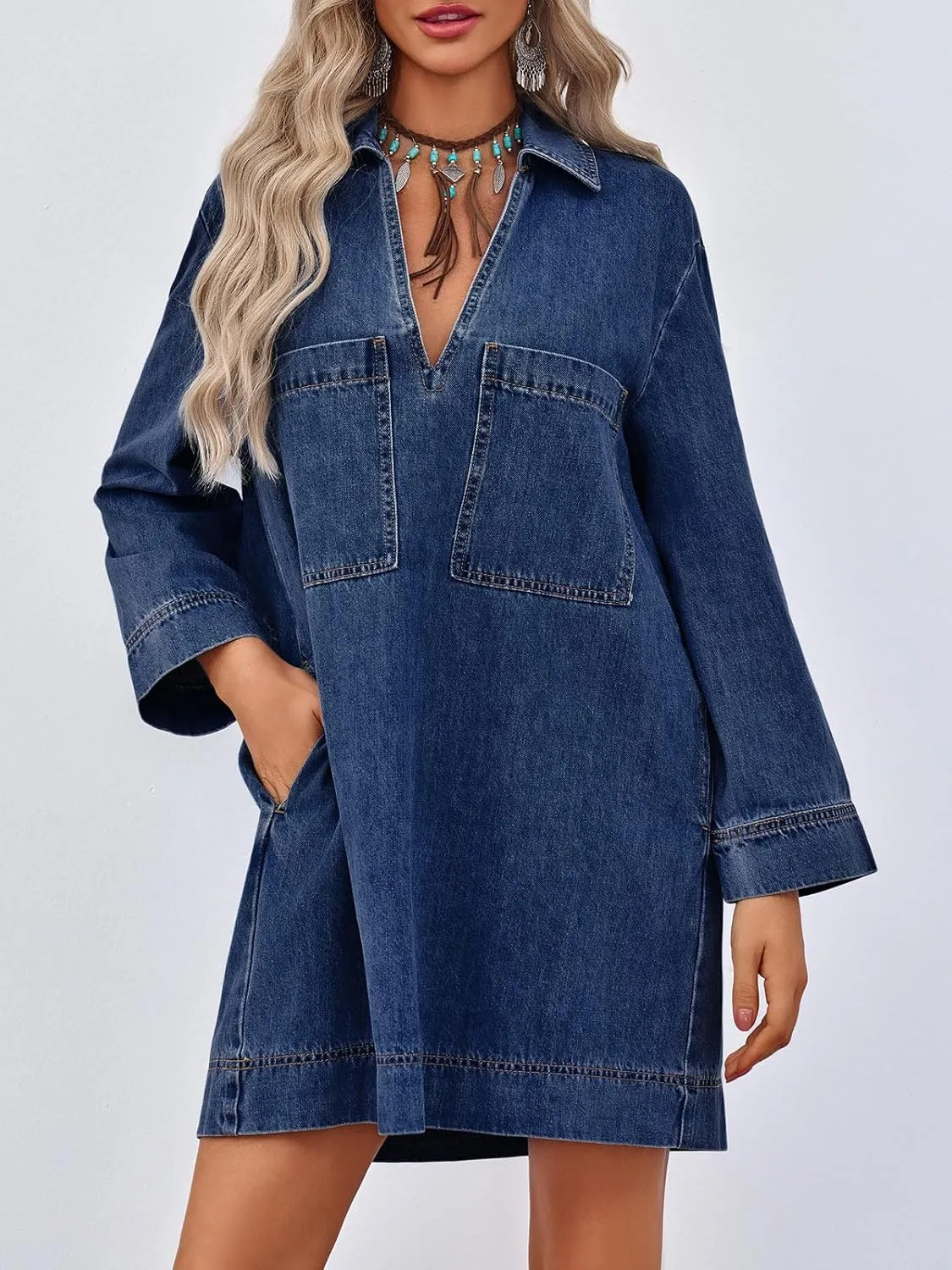 Wenrine Womens Denim Shirt Dress Long Sleeve V Neck Loose Casual Jean Mini Dress with Pockets