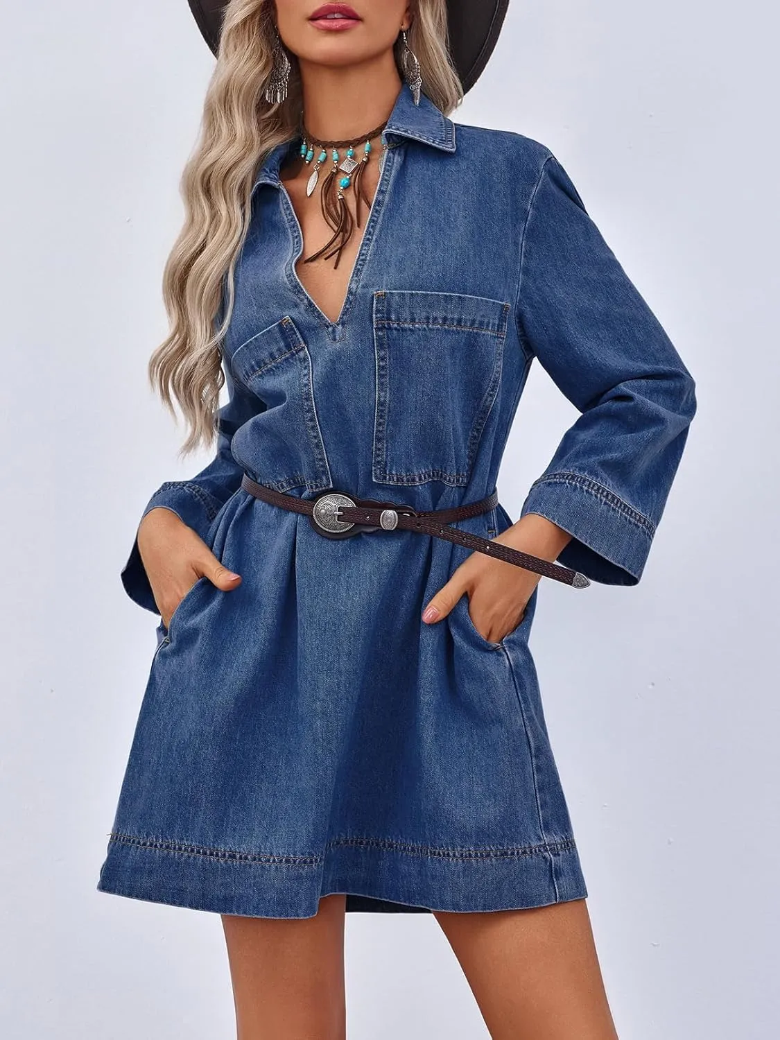 Wenrine Womens Denim Shirt Dress Long Sleeve V Neck Loose Casual Jean Mini Dress with Pockets