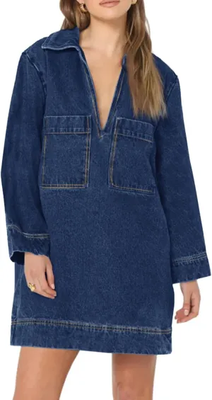 Wenrine Womens Denim Shirt Dress Long Sleeve V Neck Loose Casual Jean Mini Dress with Pockets