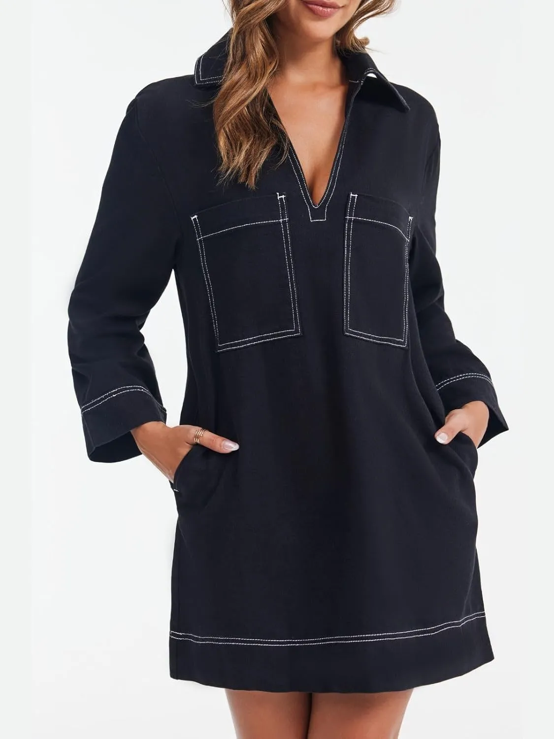 Wenrine Womens Denim Shirt Dress Long Sleeve V Neck Loose Casual Jean Mini Dress with Pockets