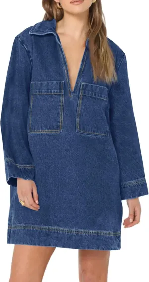 Wenrine Womens Denim Shirt Dress Long Sleeve V Neck Loose Casual Jean Mini Dress with Pockets