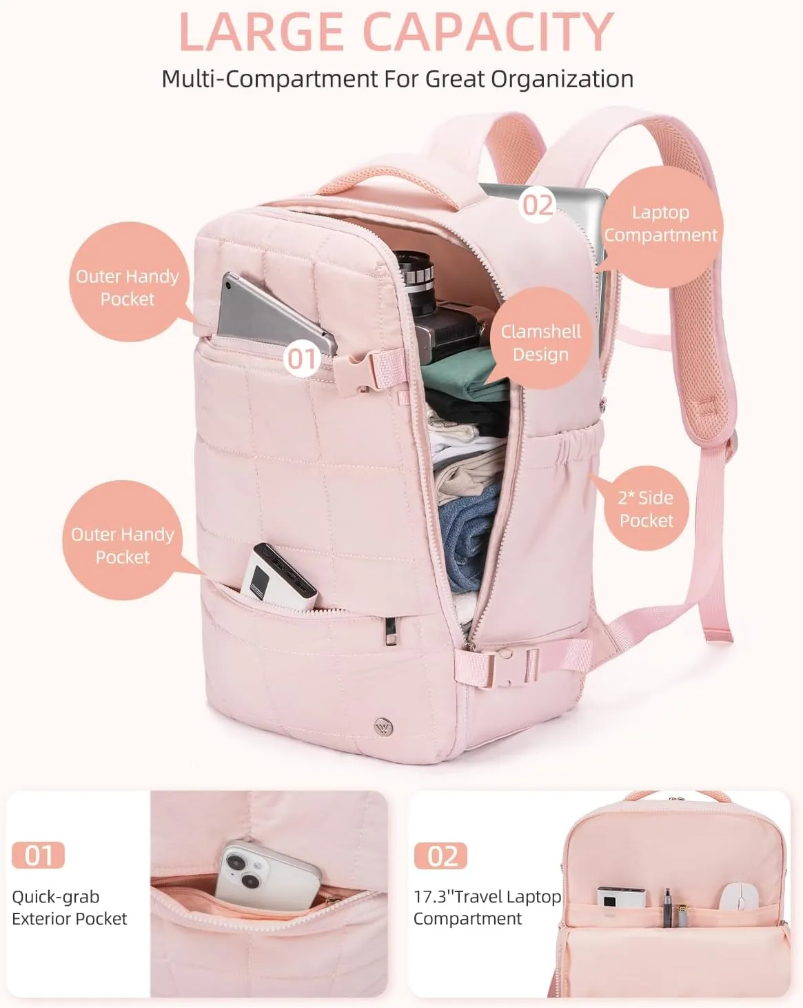 WESTBRONCO Travel Laptop Backpack for Women 17 inch Travel Backpack Carry on Flight Approved Puffy Travel Weekender Bags