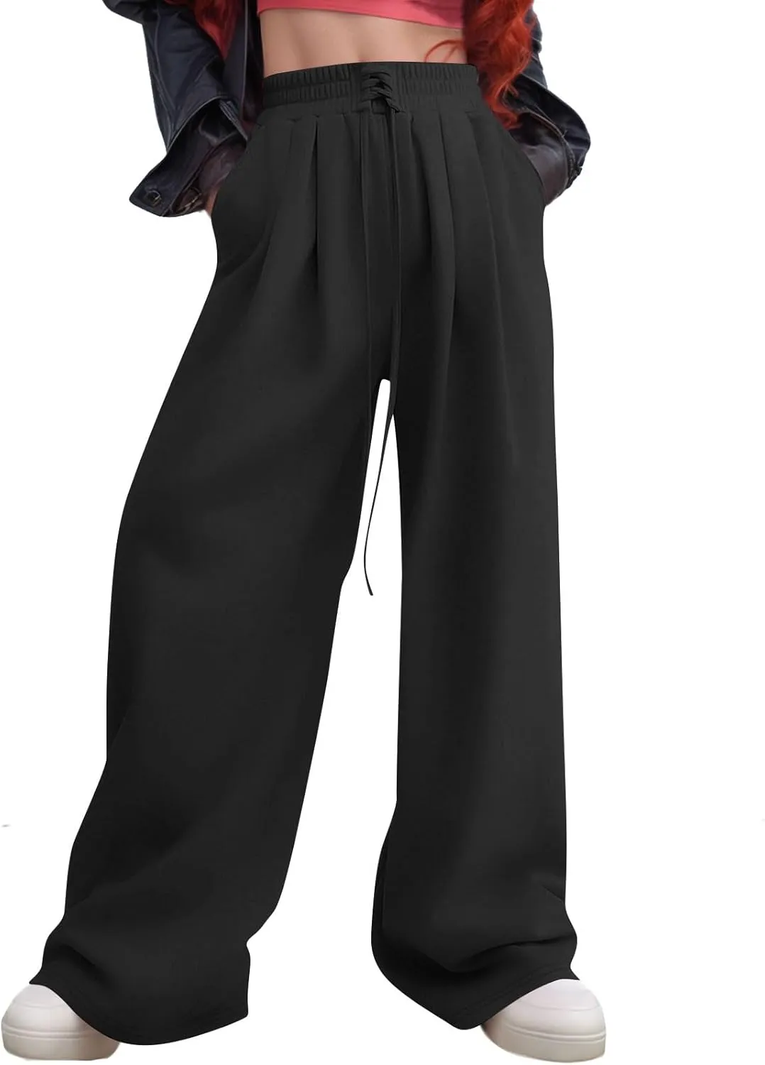 Wide Leg Sweatpants Women Baggy Fleece Cute Y2k Drawstring High Waisted Sweat Pants Flowy Palazzo Comfy Lounge Pants