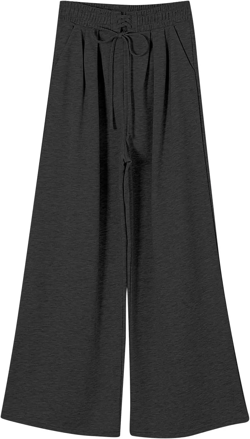 Wide Leg Sweatpants Women Baggy Fleece Cute Y2k Drawstring High Waisted Sweat Pants Flowy Palazzo Comfy Lounge Pants