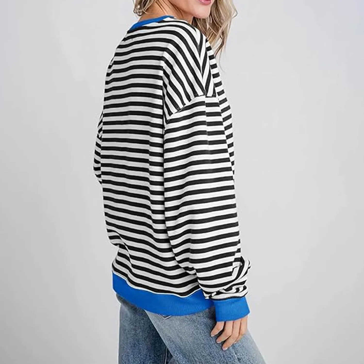 Winter Color Striped Clothes Crew Neck Long Sleeve Sweatshirts Plus Size Comfy Soft Outfits Simple Pullover