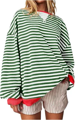 Winter Color Striped Clothes Crew Neck Long Sleeve Sweatshirts Plus Size Comfy Soft Outfits Simple Pullover