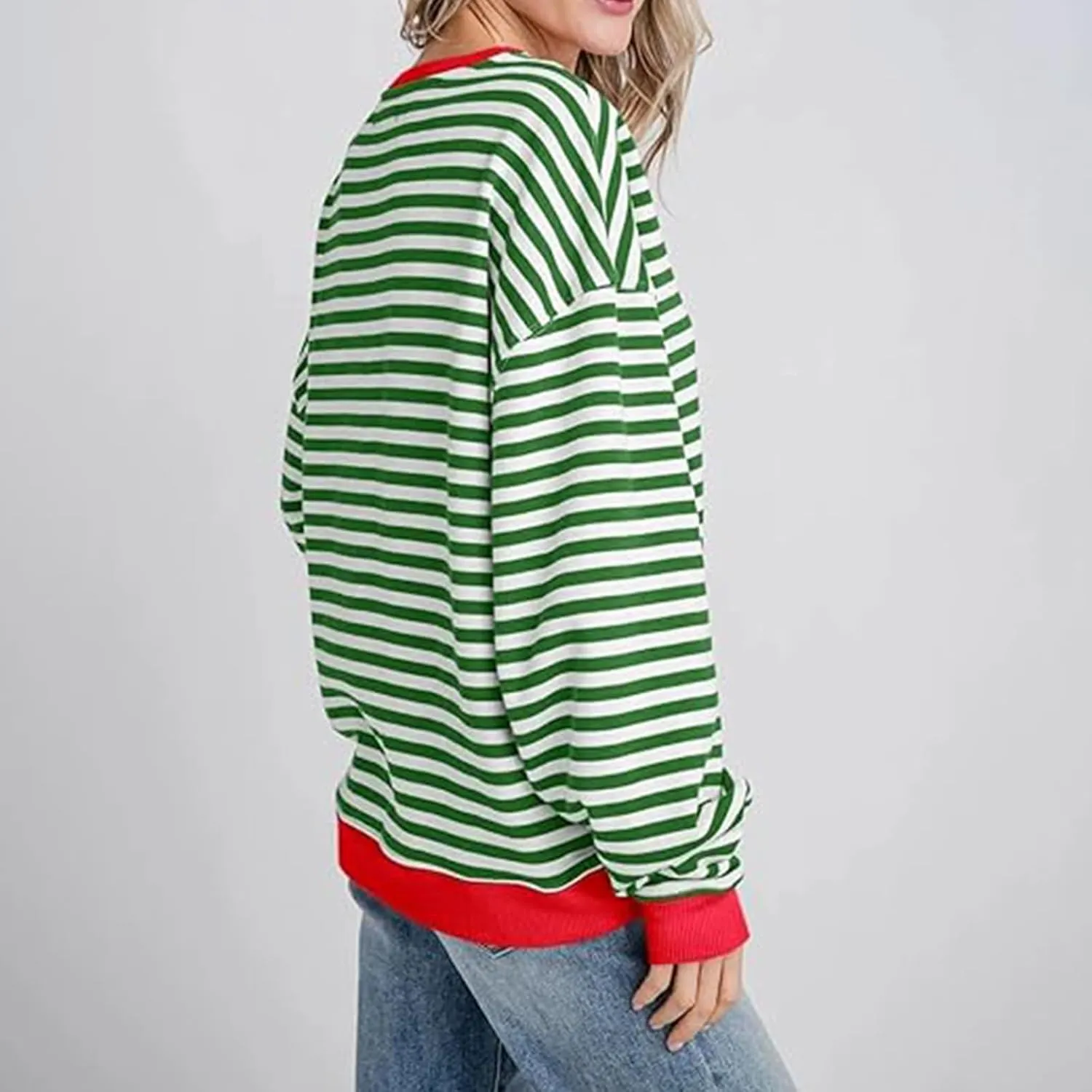 Winter Color Striped Clothes Crew Neck Long Sleeve Sweatshirts Plus Size Comfy Soft Outfits Simple Pullover
