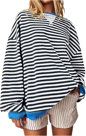 Winter Color Striped Clothes Crew Neck Long Sleeve Sweatshirts Plus Size Comfy Soft Outfits Simple Pullover