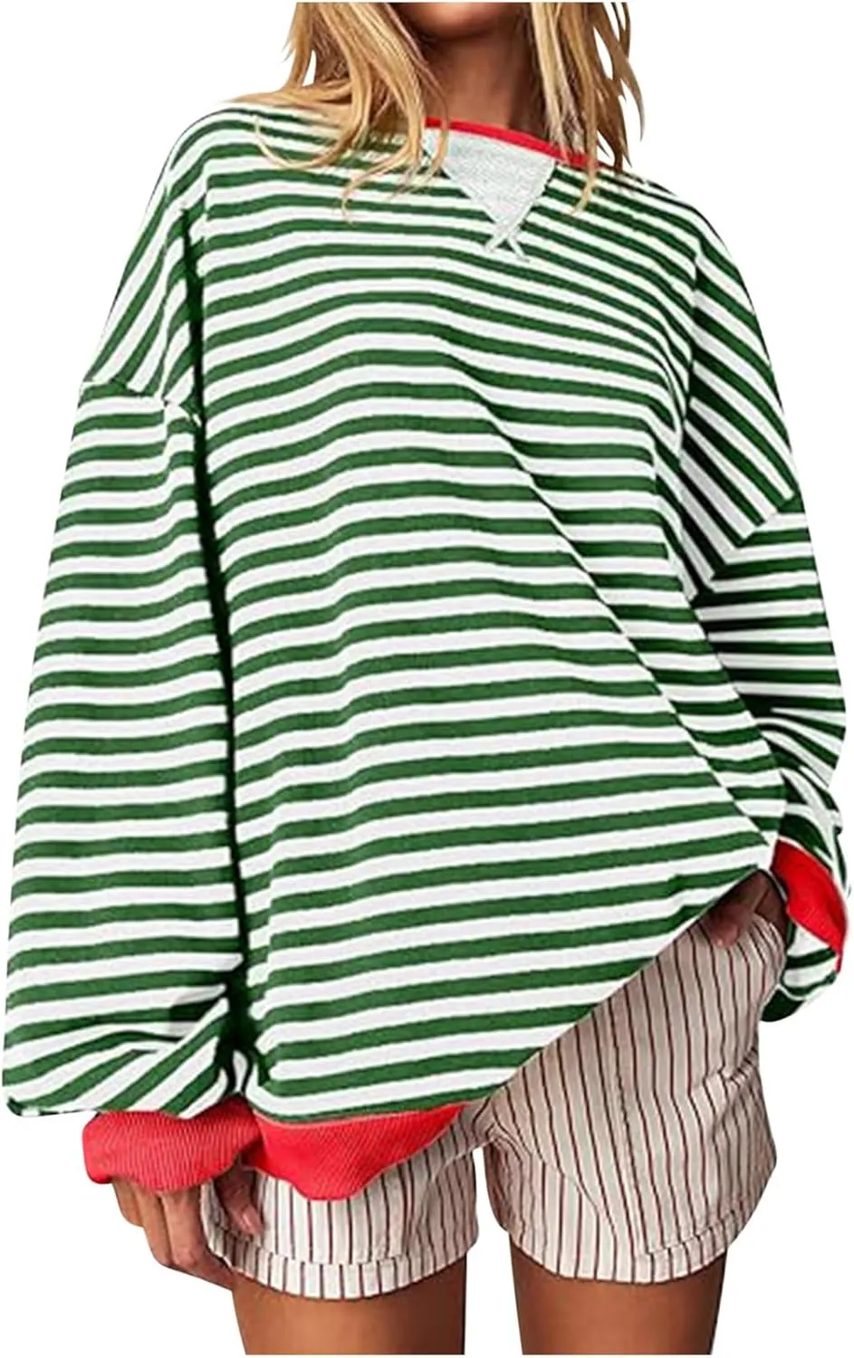 Winter Color Striped Clothes Crew Neck Long Sleeve Sweatshirts Plus Size Comfy Soft Outfits Simple Pullover