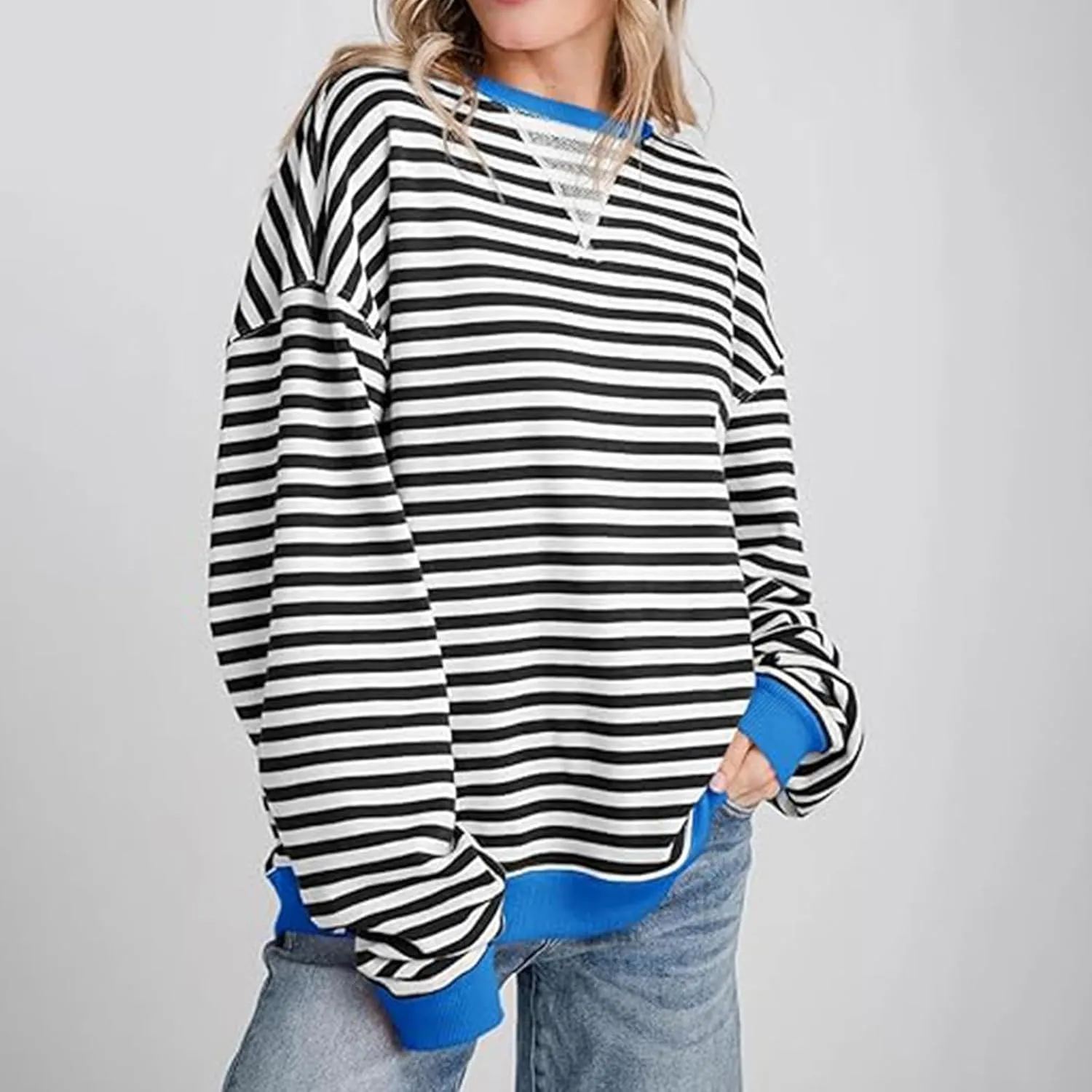 Winter Color Striped Clothes Crew Neck Long Sleeve Sweatshirts Plus Size Comfy Soft Outfits Simple Pullover