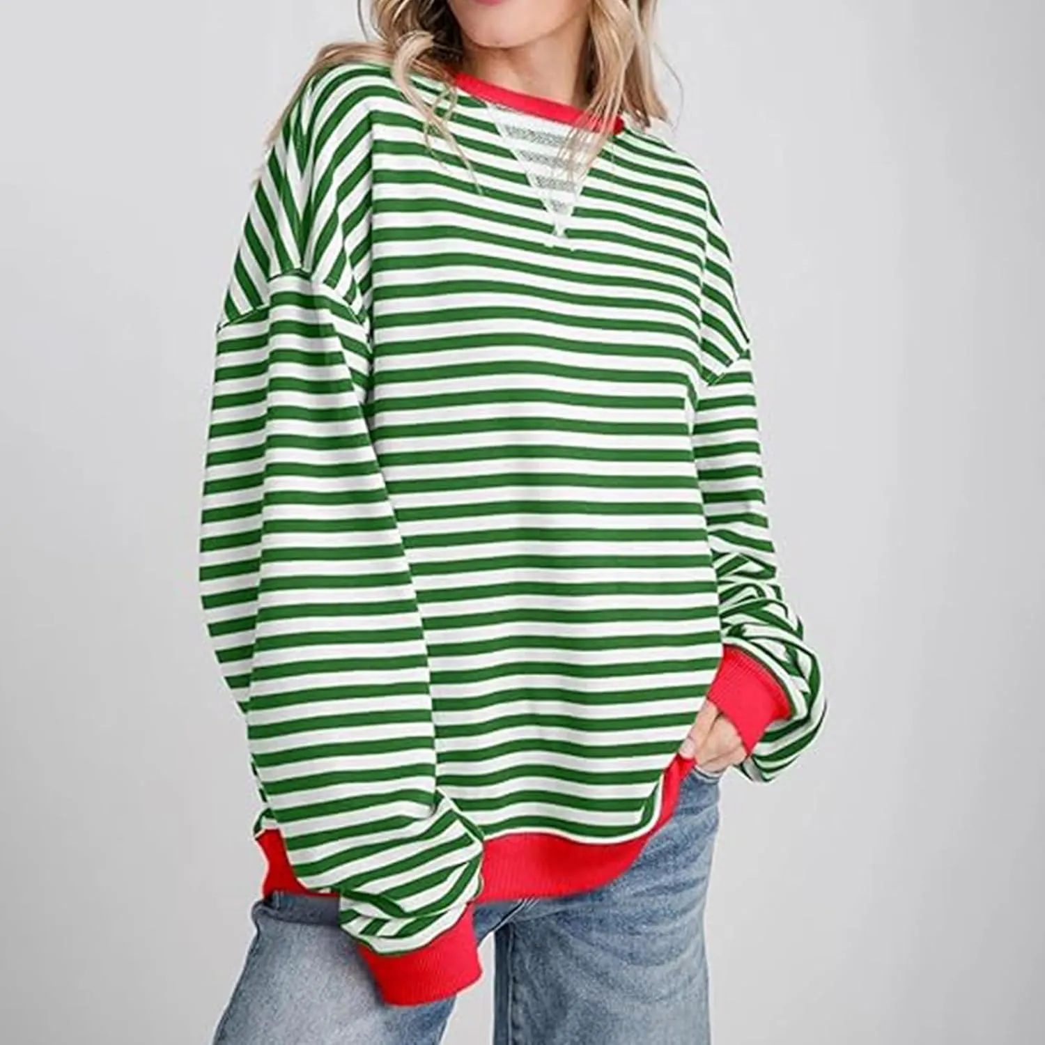 Winter Color Striped Clothes Crew Neck Long Sleeve Sweatshirts Plus Size Comfy Soft Outfits Simple Pullover