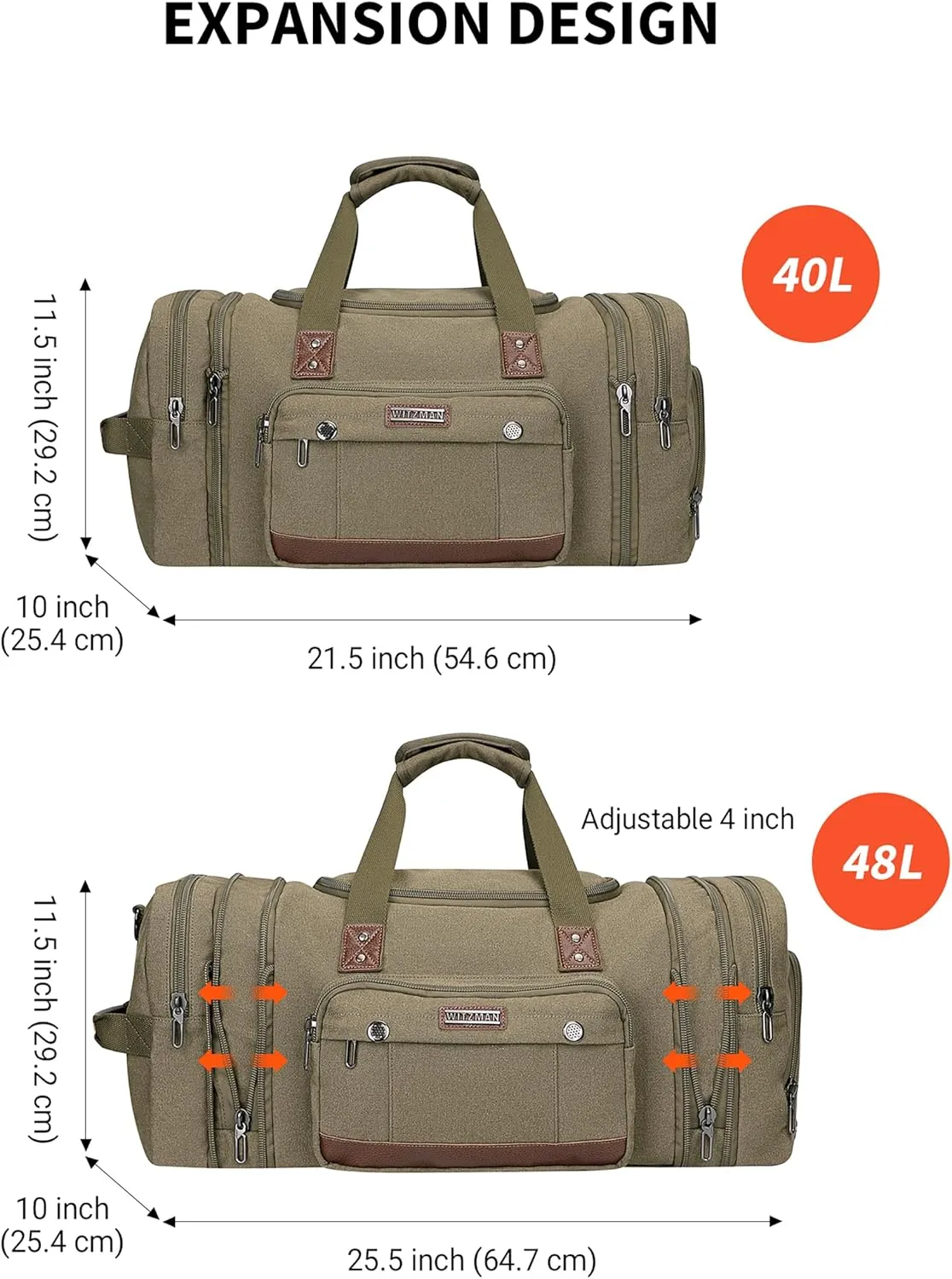WITZMAN Mens Duffle Bags for Traveling Canvas Weekender Travel Bag Expandable Overnight Bag Carry on Bag(A8007 Army Green)