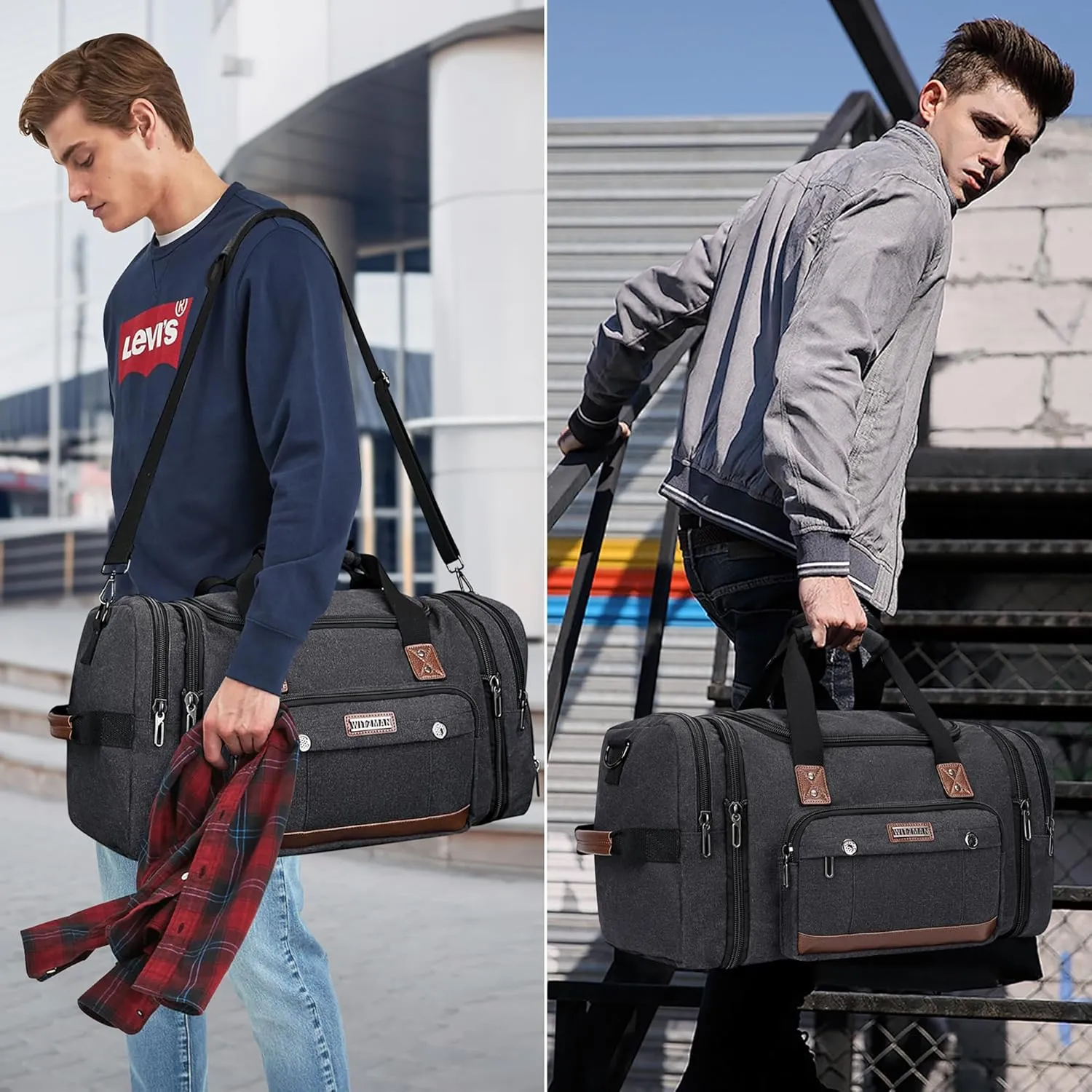 WITZMAN Mens Duffle Bags for Traveling Canvas Weekender Travel Bag Expandable Overnight Bag Carry on Bag(A8007 Black)