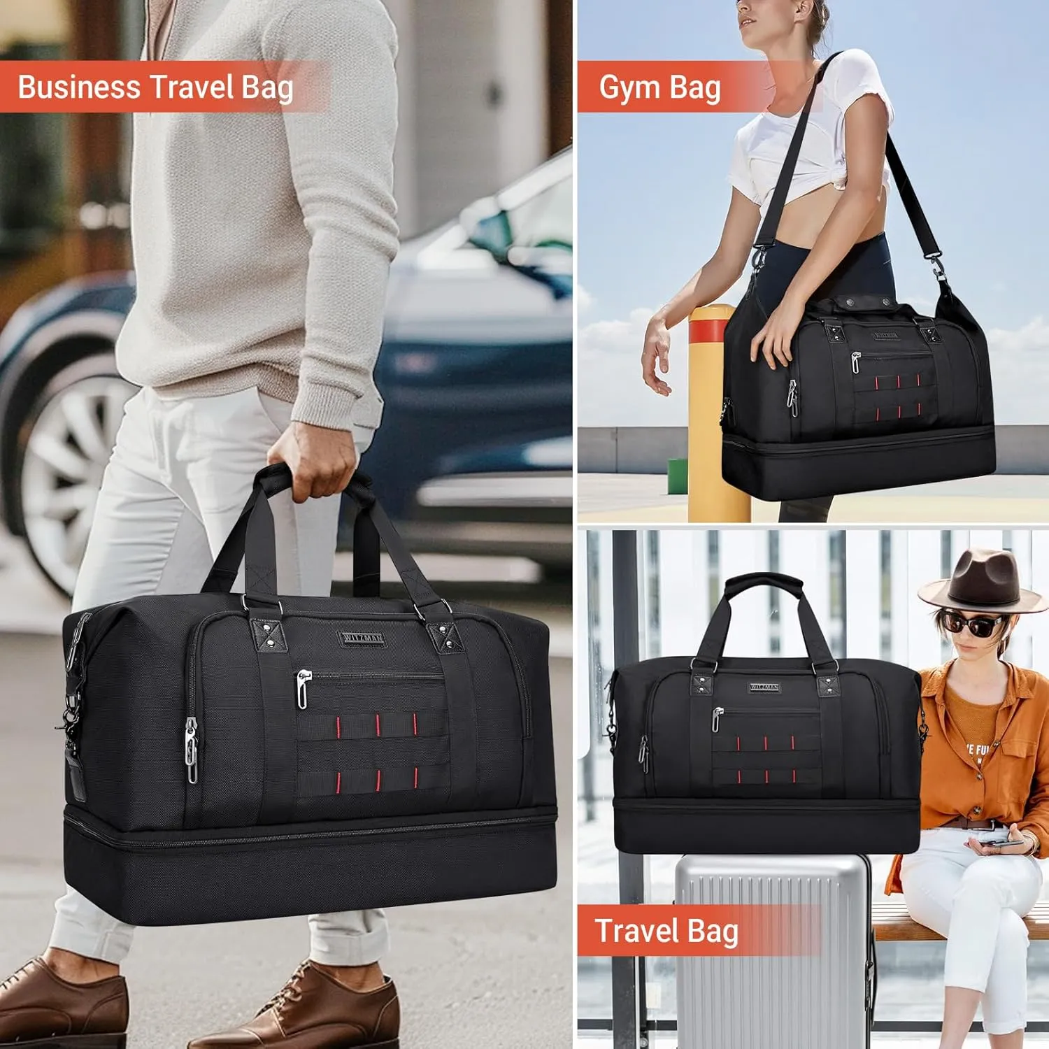 WITZMAN Travel Duffle Bags for Men Weekender Bags with Toiletry Bag Sets Carry On Overnight Bag 55L B696 Black