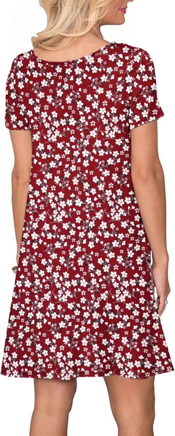 WNEEDU Women's Summer Casual T Shirt Dresses Short Sleeve Swing Dress with Pockets