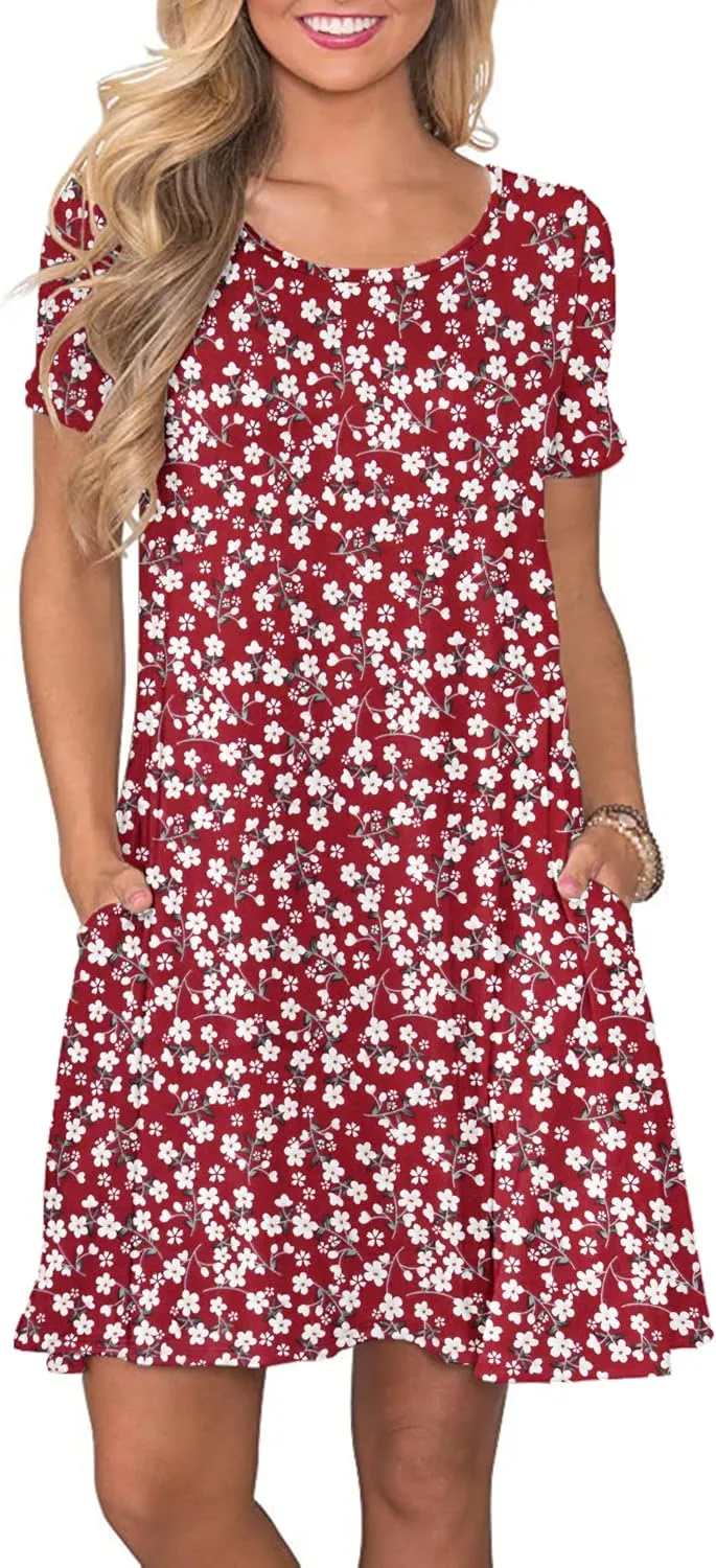 WNEEDU Women's Summer Casual T Shirt Dresses Short Sleeve Swing Dress with Pockets