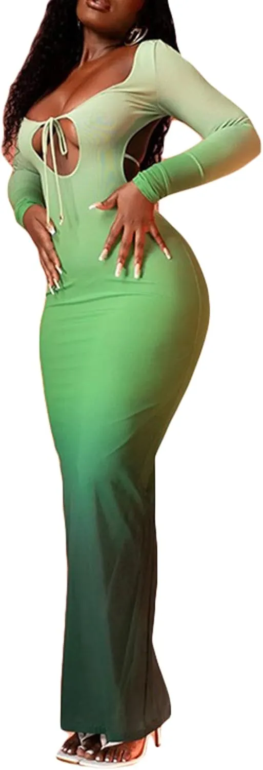 Women Bodycon Dress Backless Sexy Long Sleeve Cut Out Club Scoop Neck Slim Fit Maxi Elegant Evening Dresses