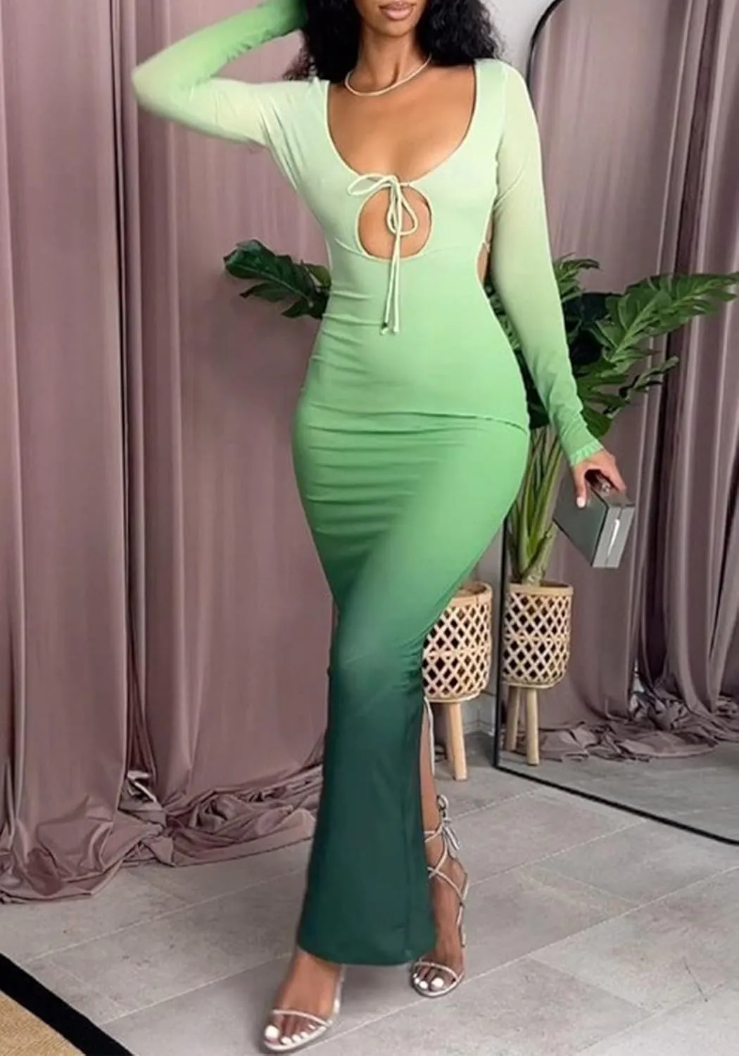 Women Bodycon Dress Backless Sexy Long Sleeve Cut Out Club Scoop Neck Slim Fit Maxi Elegant Evening Dresses