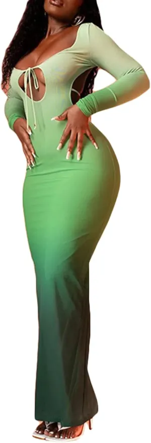 Women Bodycon Dress Backless Sexy Long Sleeve Cut Out Club Scoop Neck Slim Fit Maxi Elegant Evening Dresses