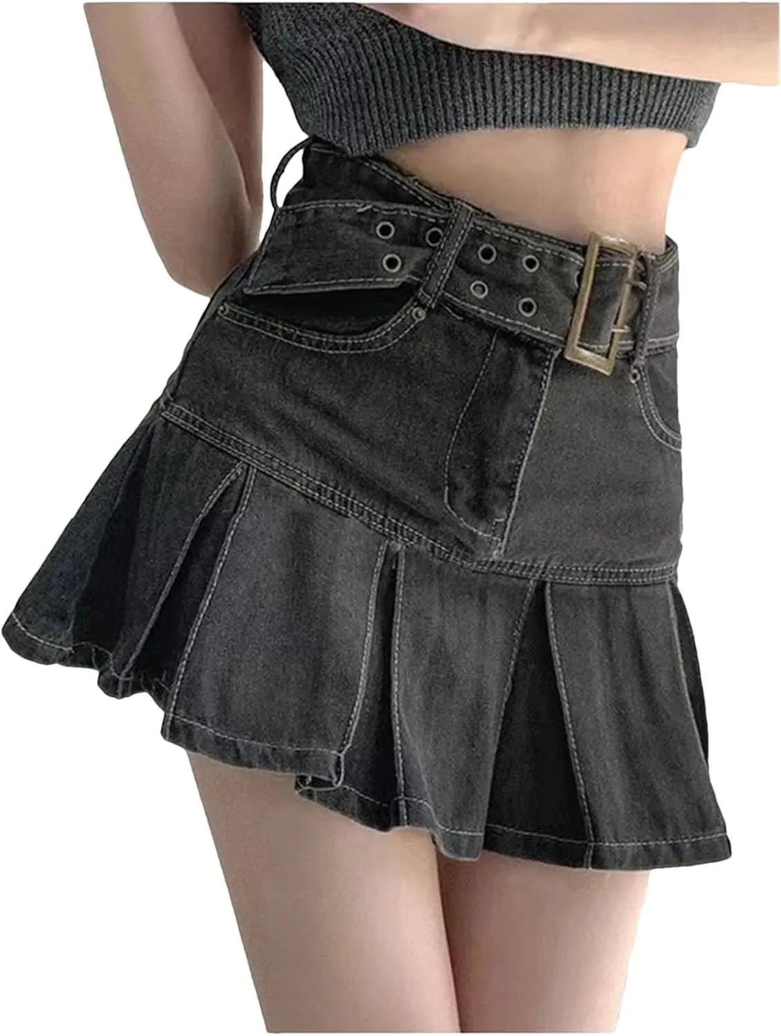 Women Pleated Denim Mini Skirt Casual High Waist Mini A-Line Short Skirt