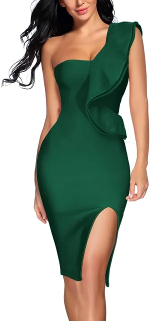 Women Ruffles One Shoulder Wedding Guest Dress Split Bodycon Bandage Evening Party Cocktail Dresses