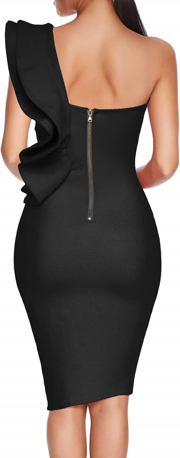 Women Ruffles One Shoulder Wedding Guest Dress Split Bodycon Bandage Evening Party Cocktail Dresses