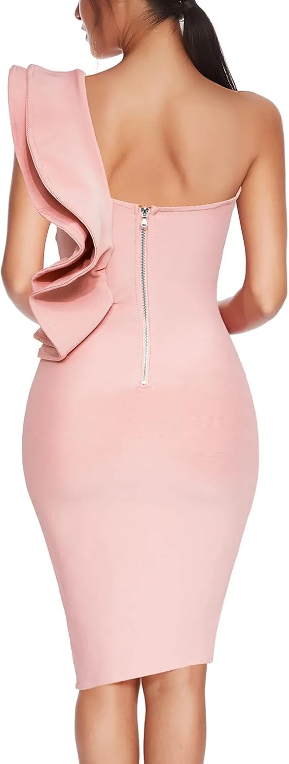 Women Ruffles One Shoulder Wedding Guest Dress Split Bodycon Bandage Evening Party Cocktail Dresses