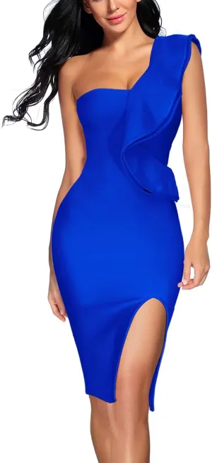 Women Ruffles One Shoulder Wedding Guest Dress Split Bodycon Bandage Evening Party Cocktail Dresses