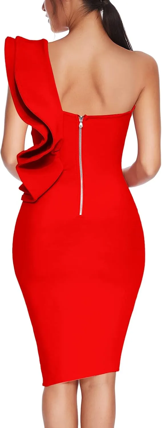 Women Ruffles One Shoulder Wedding Guest Dress Split Bodycon Bandage Evening Party Cocktail Dresses