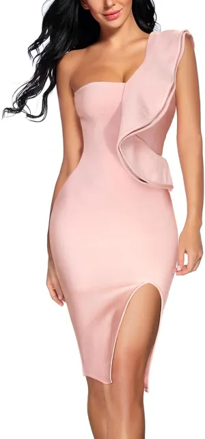 Women Ruffles One Shoulder Wedding Guest Dress Split Bodycon Bandage Evening Party Cocktail Dresses