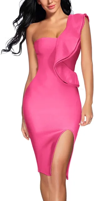 Women Ruffles One Shoulder Wedding Guest Dress Split Bodycon Bandage Evening Party Cocktail Dresses