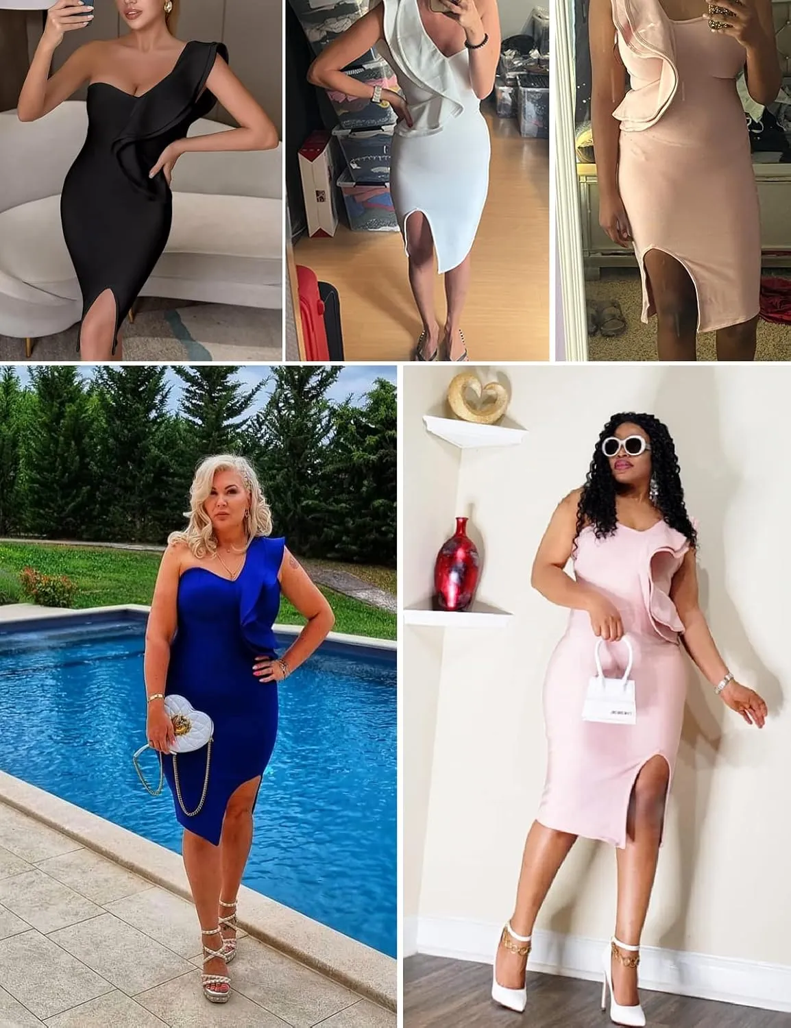 Women Ruffles One Shoulder Wedding Guest Dress Split Bodycon Bandage Evening Party Cocktail Dresses