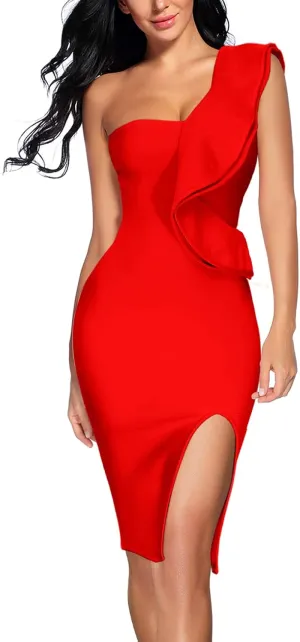 Women Ruffles One Shoulder Wedding Guest Dress Split Bodycon Bandage Evening Party Cocktail Dresses