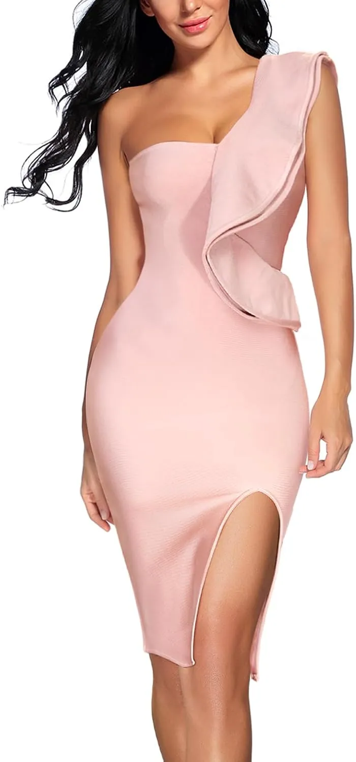 Women Ruffles One Shoulder Wedding Guest Dress Split Bodycon Bandage Evening Party Cocktail Dresses