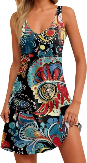Women Summer Dresses Casual 2025 Sundress V Neck Sleeveless Dress with Pocket Beach Printed Swimsuit Coverup