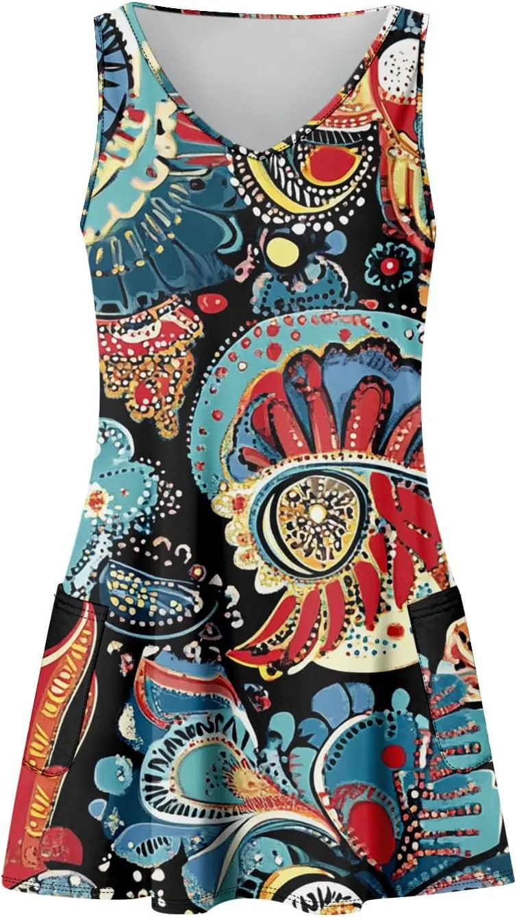 Women Summer Dresses Casual 2025 Sundress V Neck Sleeveless Dress with Pocket Beach Printed Swimsuit Coverup