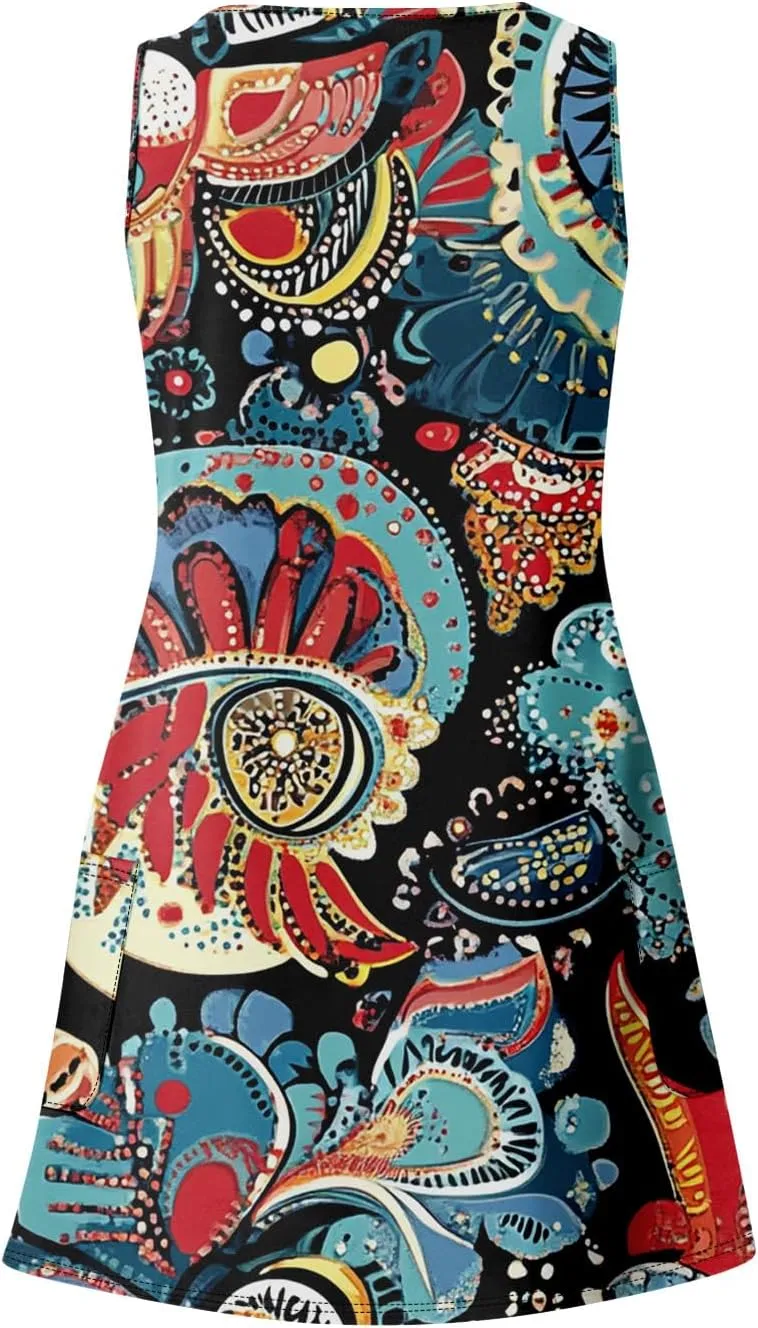 Women Summer Dresses Casual 2025 Sundress V Neck Sleeveless Dress with Pocket Beach Printed Swimsuit Coverup