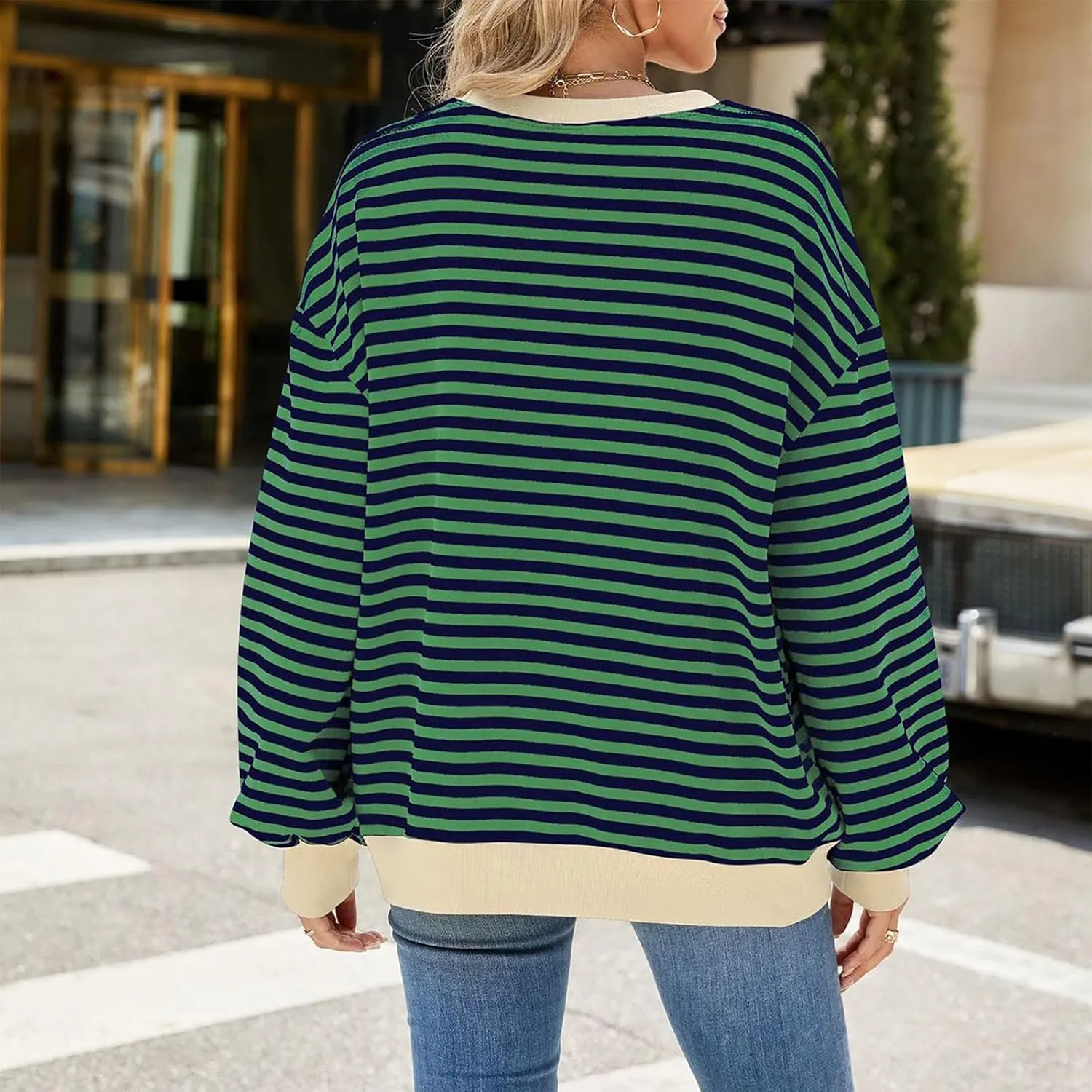 Women Sweatshir Striped Oversized Long Sleeve Crewneck Hoodies Shirt 2024 Fall Pullover Top Trendy Preppy Clothes