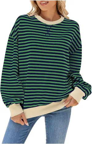 Women Sweatshir Striped Oversized Long Sleeve Crewneck Hoodies Shirt 2024 Fall Pullover Top Trendy Preppy Clothes