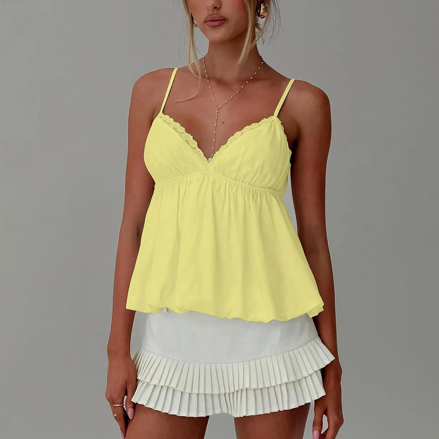 Women Y2k Floral Camisole Sleeveless V Neck Flowy Peplum Cami Top Sexy Ruffle Babydoll Tank Tops Summer Streetwear