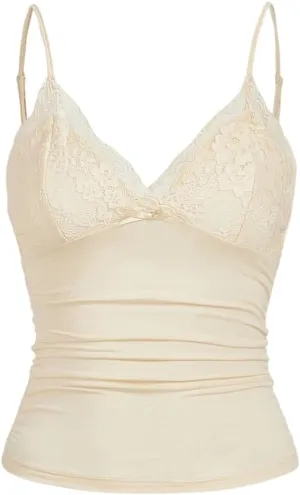 Women Y2k Lace Trim Cami Top Spaghetti Strap Fairy Grunge Tank Top V Neck Ruched Bow Lace Patchwork Cami Shirt