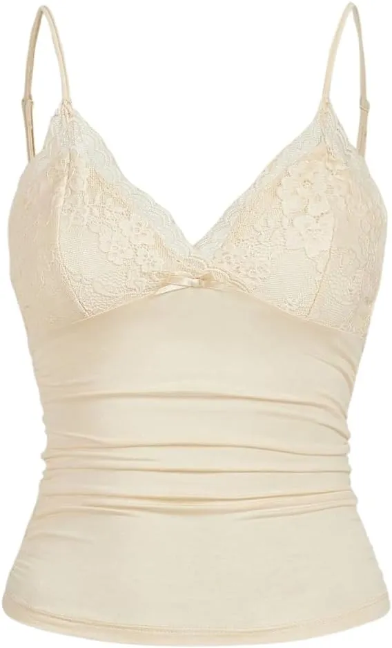 Women Y2k Lace Trim Cami Top Spaghetti Strap Fairy Grunge Tank Top V Neck Ruched Bow Lace Patchwork Cami Shirt