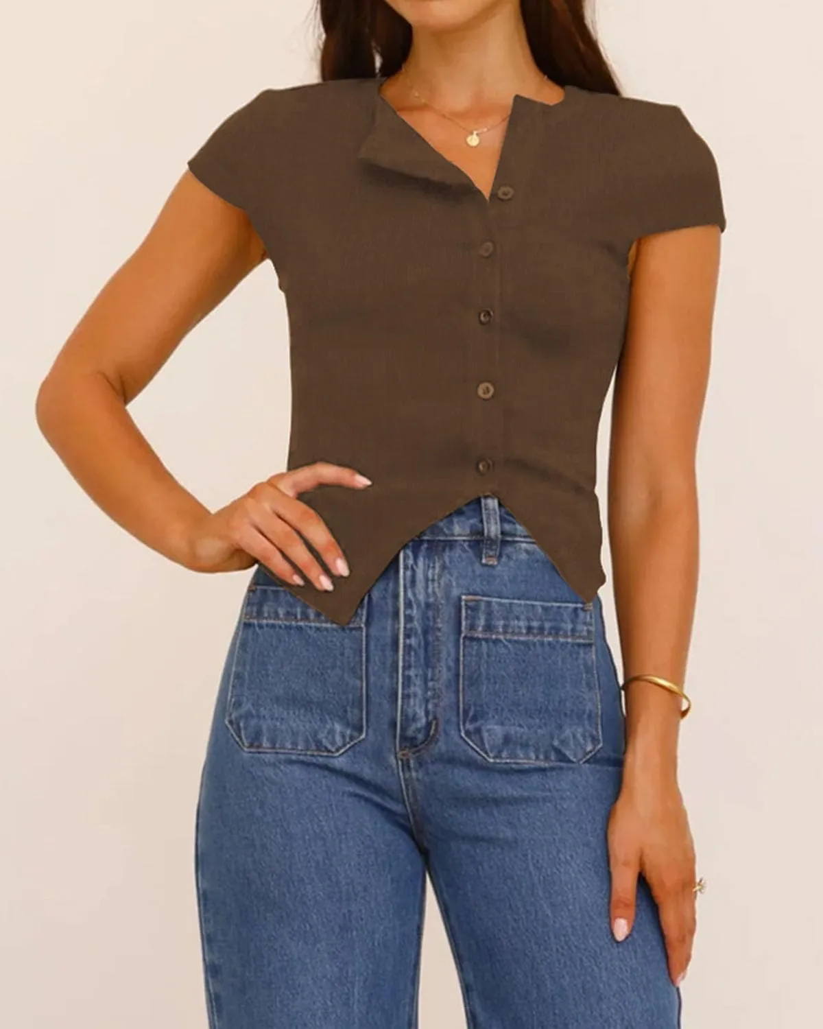 Women Y2K Short Cap Sleeve Button Down Ribbed Crop Shirt Trendy V Neck Casual Slim Fit Asymmetrical Split Hem Tee