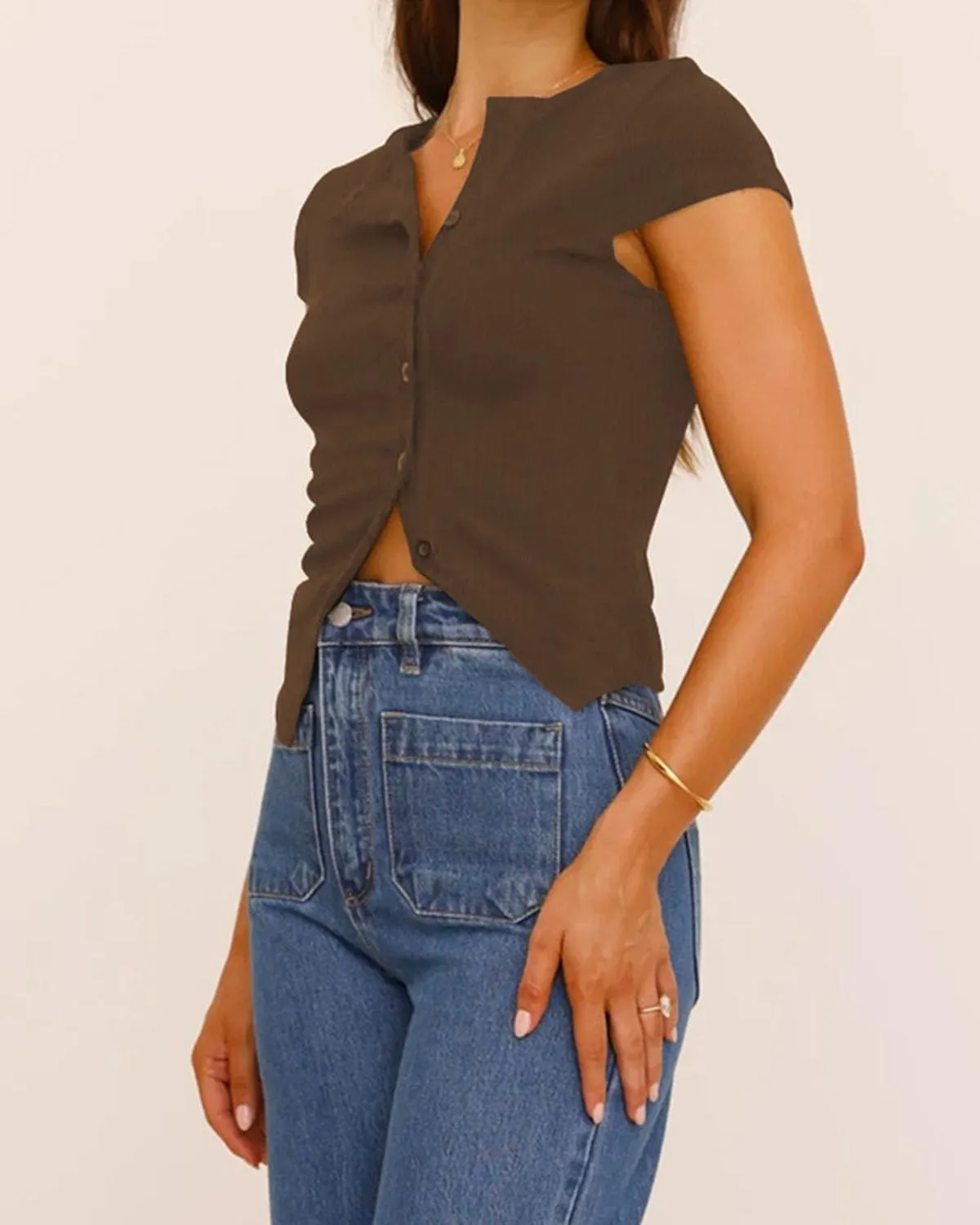 Women Y2K Short Cap Sleeve Button Down Ribbed Crop Shirt Trendy V Neck Casual Slim Fit Asymmetrical Split Hem Tee