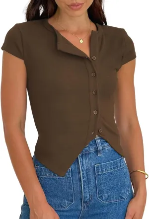 Women Y2K Short Cap Sleeve Button Down Ribbed Crop Shirt Trendy V Neck Casual Slim Fit Asymmetrical Split Hem Tee