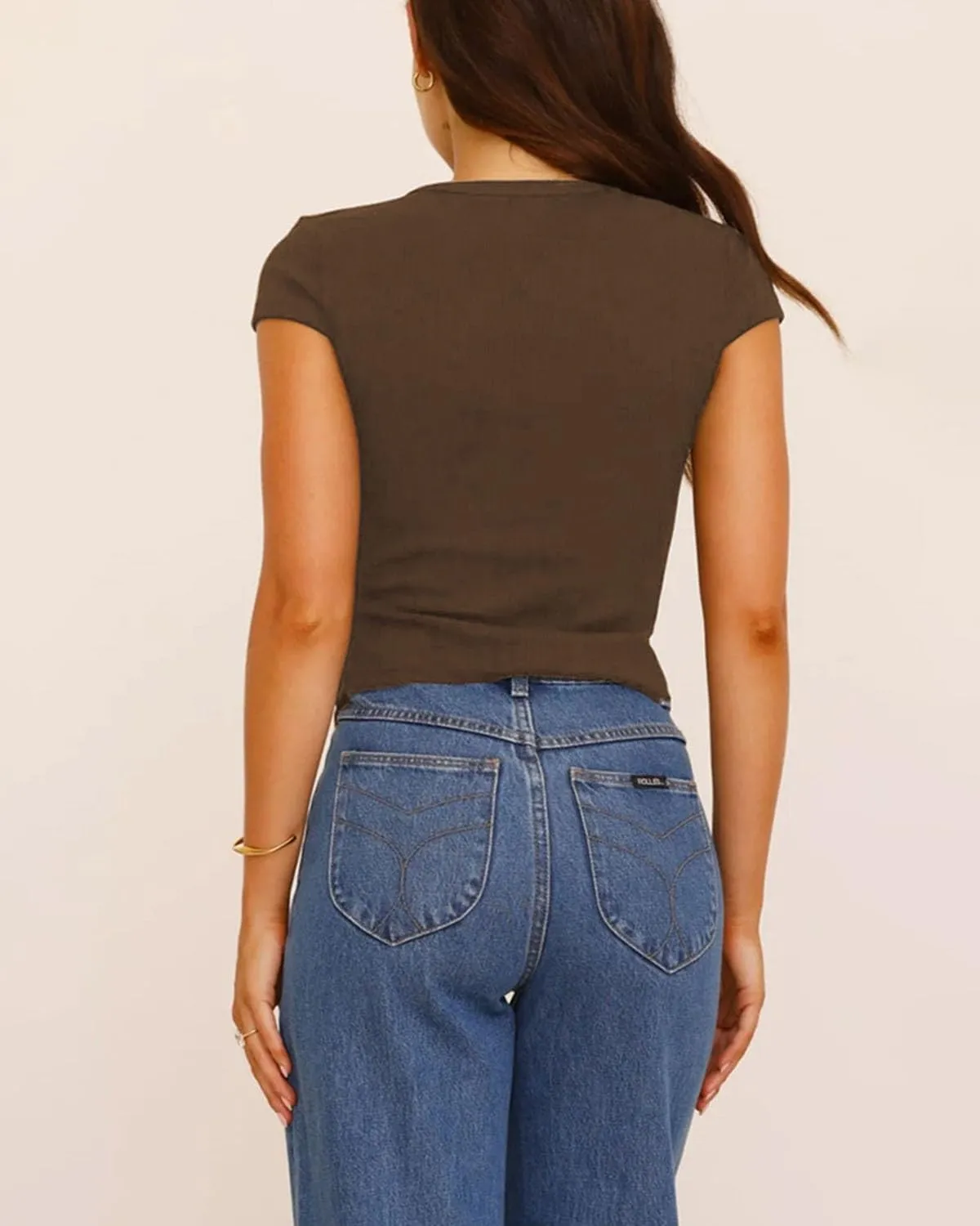 Women Y2K Short Cap Sleeve Button Down Ribbed Crop Shirt Trendy V Neck Casual Slim Fit Asymmetrical Split Hem Tee