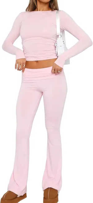 Women's 2 Piece Lounge Set Tight Crop Tops Fold Over Pant Set Travel Airport Outfits Comfy Yoga Tracksuits
