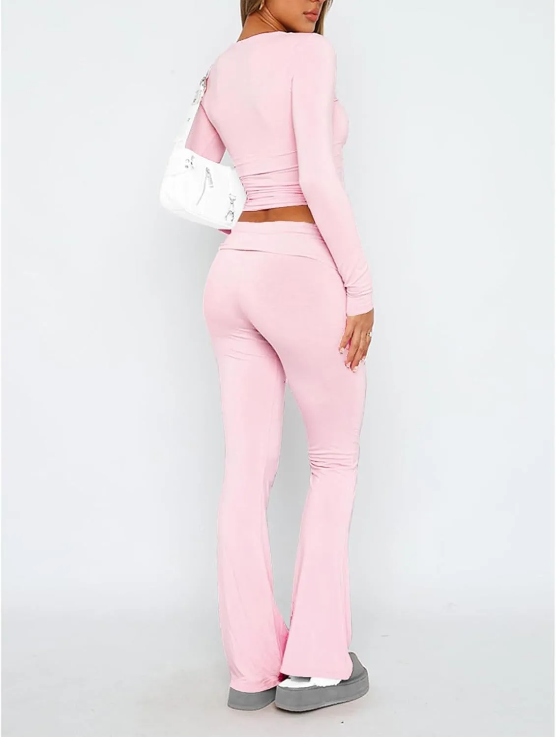 Women's 2 Piece Lounge Set Tight Crop Tops Fold Over Pant Set Travel Airport Outfits Comfy Yoga Tracksuits